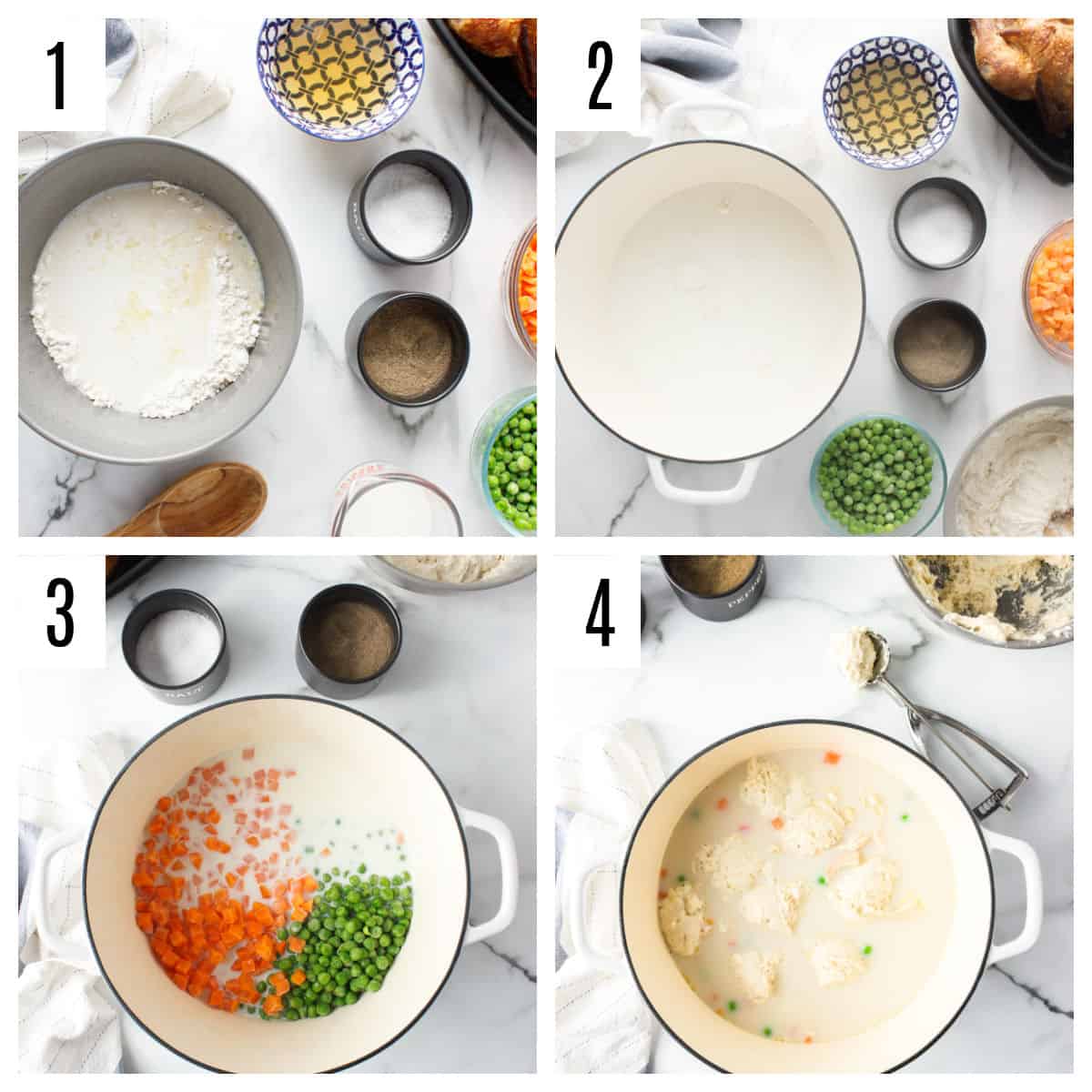Four-step collage showing a pot with flour and milk, then adding peas and carrots to the mixture, and finally spooning dough on top for a casserole or pot pie recipe. Ingredients are arranged around the pot in each step.