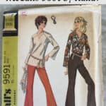 Two illustrated women wear 1970s outfits: one in an off-white blouse and red flared pants, the other in a patterned blouse and dark pants. Text asks if McCalls 9591 pattern can be made using hand sewing clothes techniques.