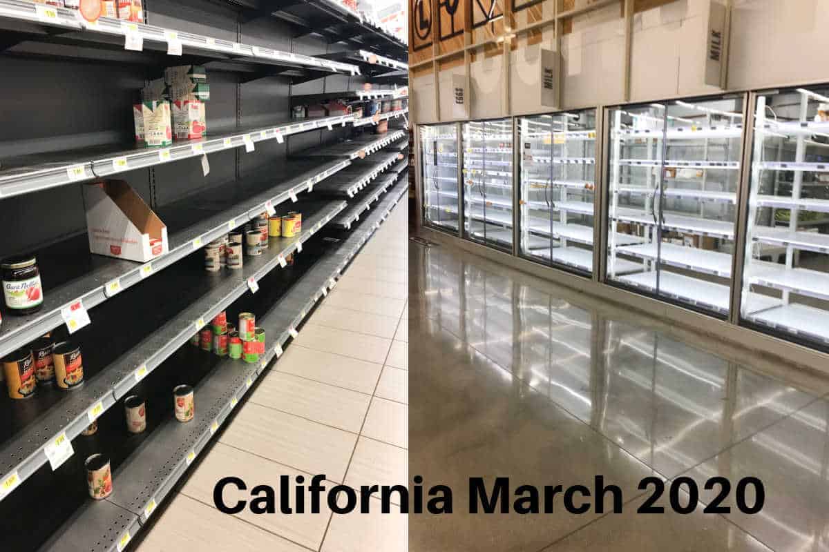 empty grocery shelves in California at beginning of pandemic.