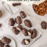 Chocolate-covered coconut bites on a wire rack, with one piece broken open to show the white filling, near bowls of almonds and shredded coconut.