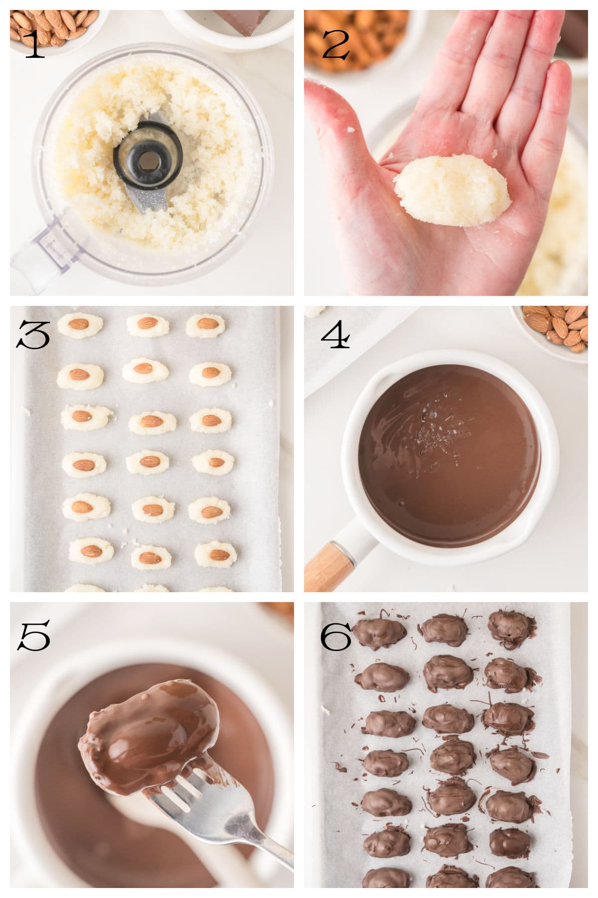 A six-step collage showing the process of making almond joy bites: grinding filling, shaping it by hand, topping with almonds, melting chocolate, dipping the pieces, and setting them on parchment paper.
