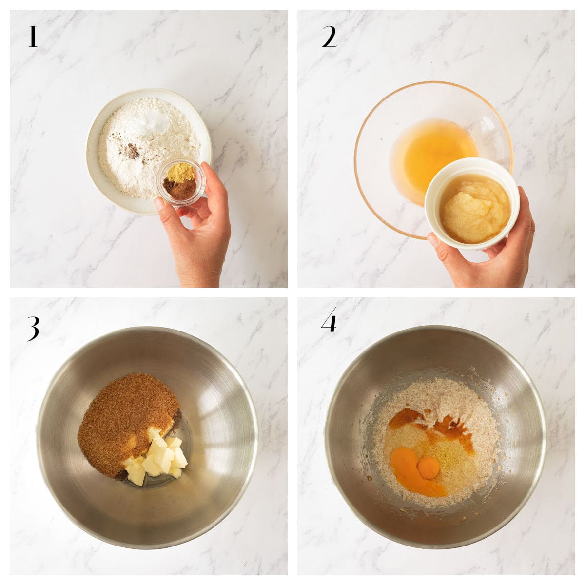 A collage of four steps for baking: mixing dry ingredients, adding wet ingredients, combining sugar and butter, and mixing eggs, flour, and spices in metal bowls on a white surface.