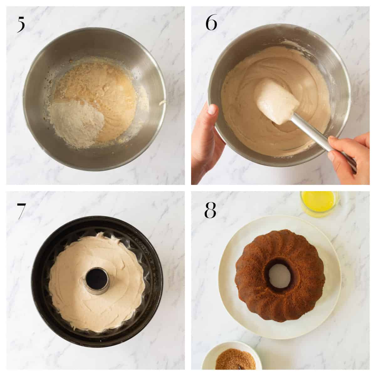 Step-by-step images of making a bundt cake: mixing ingredients in a bowl, folding batter, batter in a bundt pan, and the finished baked cake on a plate.