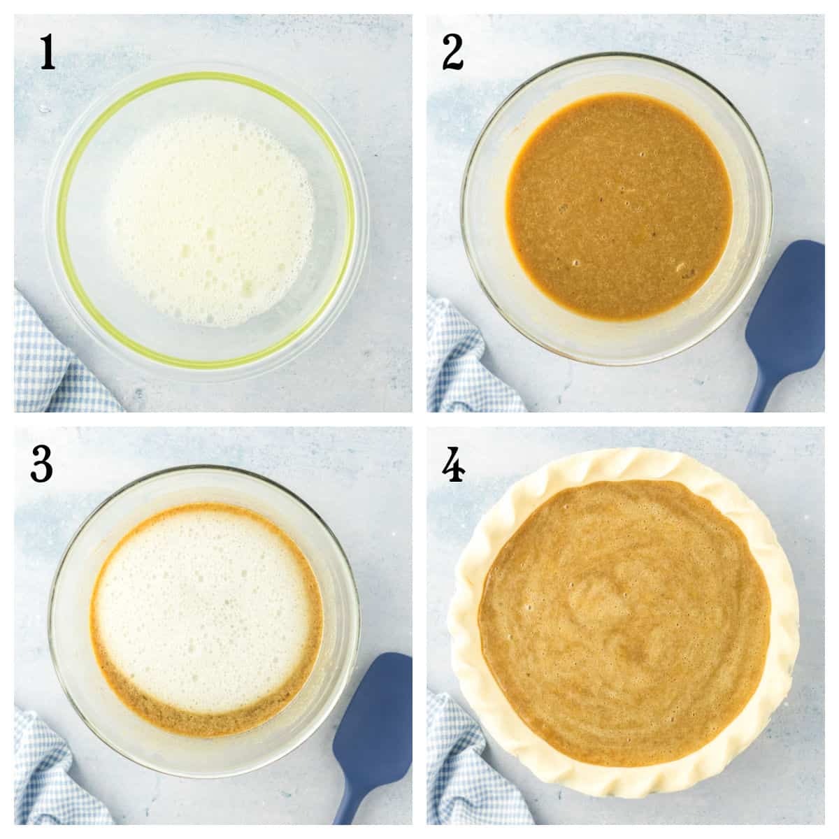 Four steps of making a pie filling: 1) frothy egg whites in a bowl, 2) mixed brown batter in a bowl, 3) combined foamy batter in a bowl, 4) unbaked filled pie crust, all on a light background.