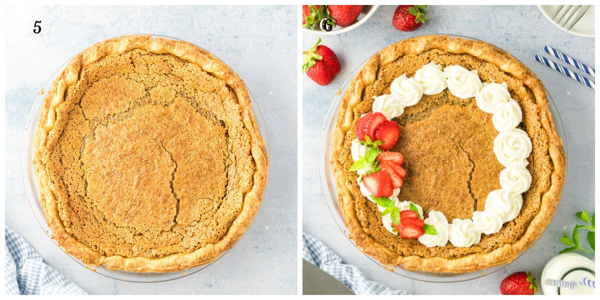 Side-by-side images: on the left, a plain baked pie with a cracked surface; on the right, the same pie decorated with piped whipped cream, sliced strawberries, and mint leaves on top.