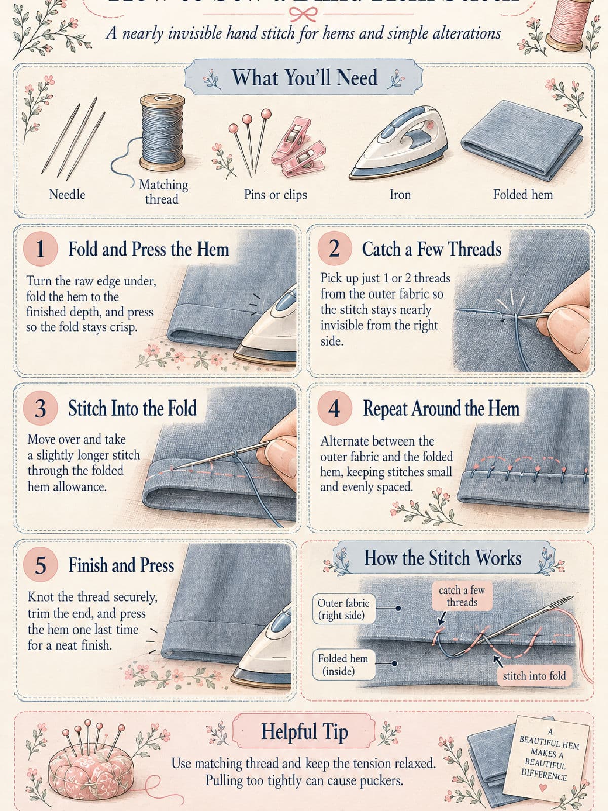 Infographic showing six illustrated steps to sew an invisible hem by hand, including needed tools, instructions, a diagram of the stitch, and a tip to use matching thread and relaxed tension for best results.