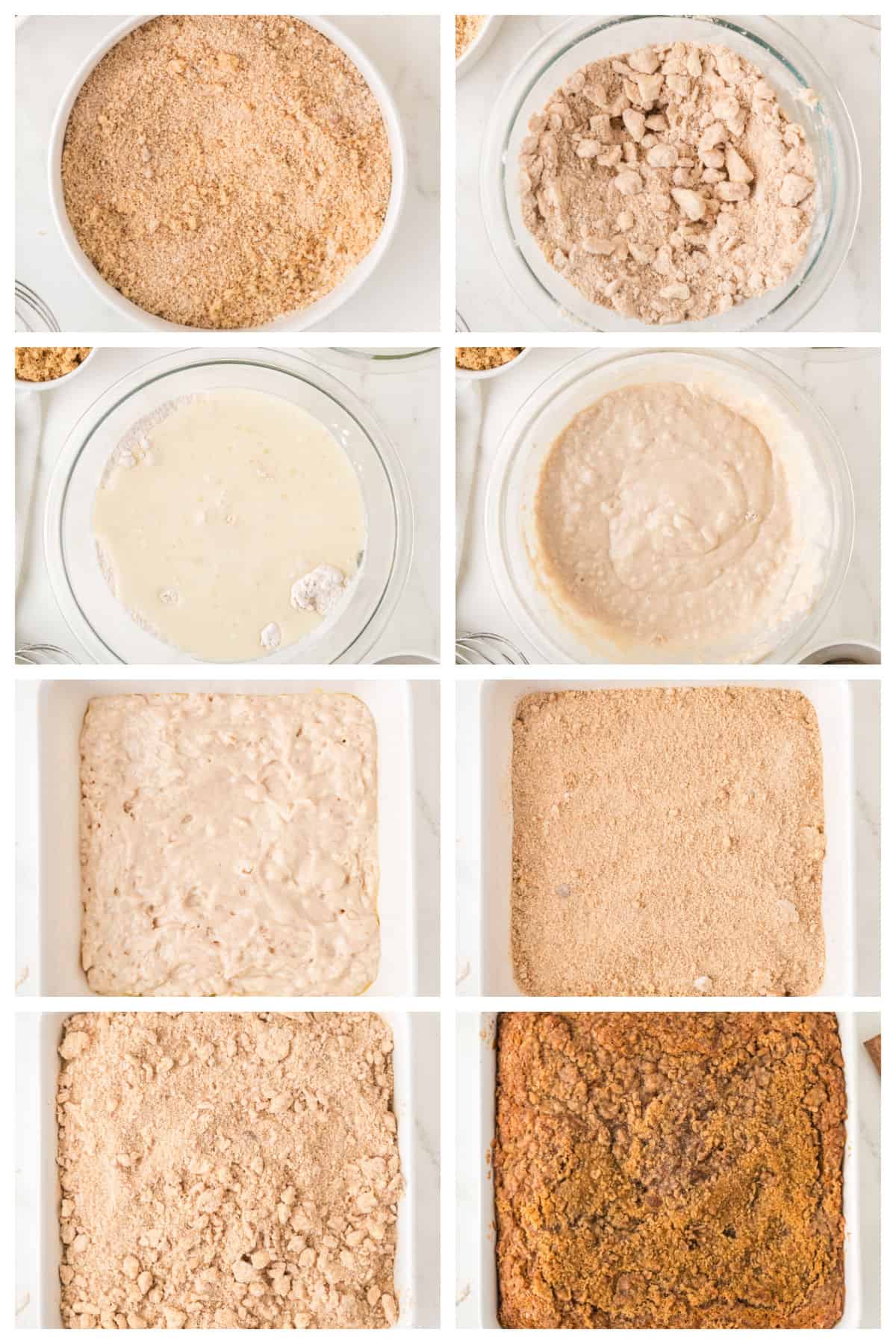 A step-by-step collage showing the process of making a dessert with a crumbly topping, mixing ingredients in bowls, layering them in a baking dish, and the final baked golden-brown dessert.