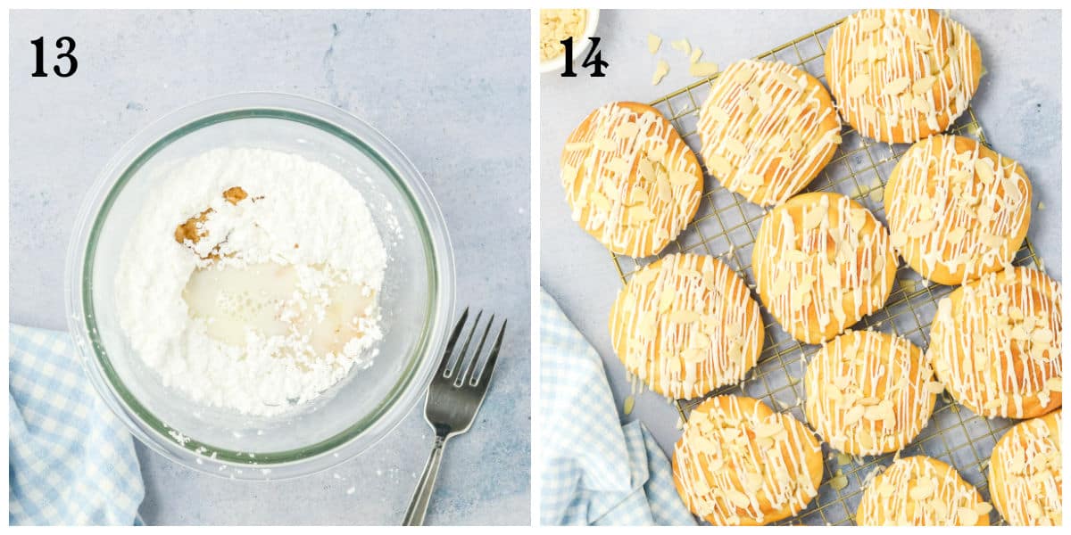 Image split into two panels: left shows a glass bowl with powdered sugar, vanilla, and milk being mixed with a fork; right shows round cookies with white icing drizzle on a cooling rack, atop a light blue surface.