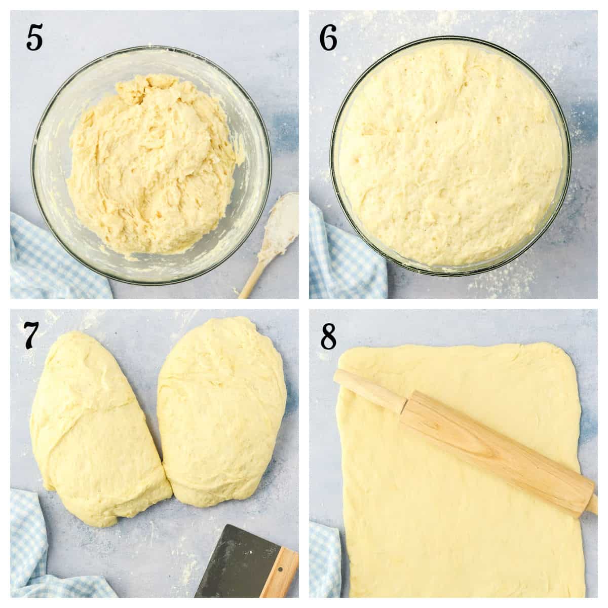 A four-step collage showing dough in a bowl (step 5), risen dough in the bowl (step 6), dough divided in half on a surface (step 7), and dough rolled flat with a rolling pin (step 8).