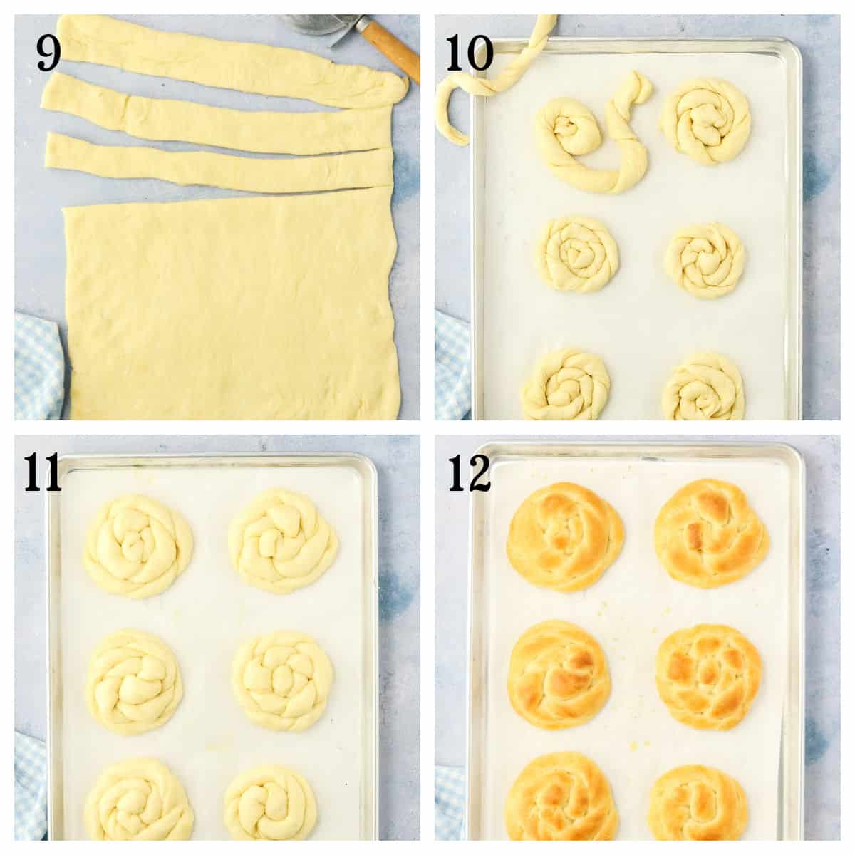 Four-step collage showing bread dough being cut into strips, twisted into spiral shapes, arranged on a baking tray, and then baked into golden brown rolls, labeled steps 9 to 12.