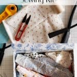 A top-down view of a sewing kit with fabric pieces, a rotary cutter, small scissors, thread, and other sewing tools. The text reads theurbankitten.com Make a Hand Sewing Kit.
