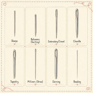 Eight sewing needles are illustrated and labeled: Sharps, Betweens (Quilting), Embroidery/Crewel, Chenille, Tapestry, Milliners (Straw), Darning, and Beading. Each needle has a different shape or eye size.