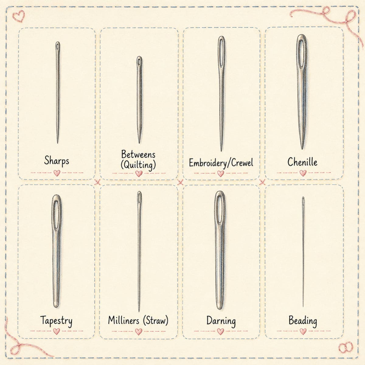 Eight sewing needles are illustrated and labeled: Sharps, Betweens (Quilting), Embroidery/Crewel, Chenille, Tapestry, Milliners (Straw), Darning, and Beading. Each needle has a different shape or eye size.