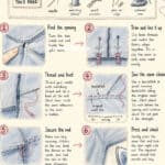 Illustrated step-by-step guide showing how to repair a seam by hand, including needed tools, finding the opening, threading and knotting, sewing the seam, securing the end, and pressing the repair for a polished finish.