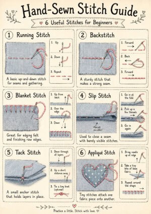 Guide shows 6 beginner hand sewing stitches: running, backstitch, blanket, slip, tack, and appliqu&eacute;, with illustrated steps, stitching diagrams, and brief descriptions on grey fabric squares.