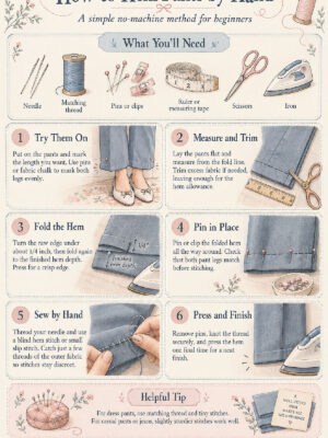 Infographic showing a six-step guide for hemming pants by hand, with illustrations of tools, each step, and helpful tips, all in a soft, pastel, vintage style.