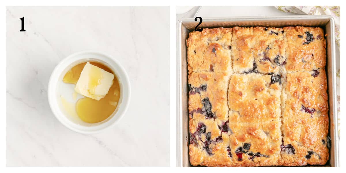 Step 1 shows butter and honey in a small bowl. Step 2 shows a baked square cake with a golden top and visible blueberries, sliced into portions in a square pan.