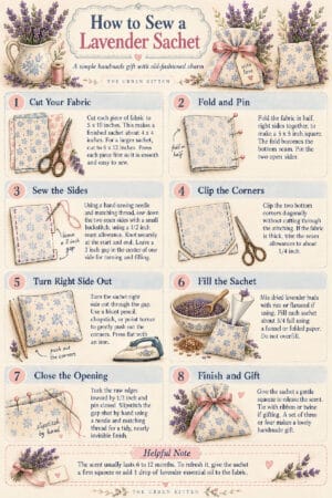 Step-by-step illustrated guide for sewing a handmade lavender sachet, showing fabric, scissors, pins, thread, and instructions, surrounded by lavender sprigs and completed sachets with floral patterns.
