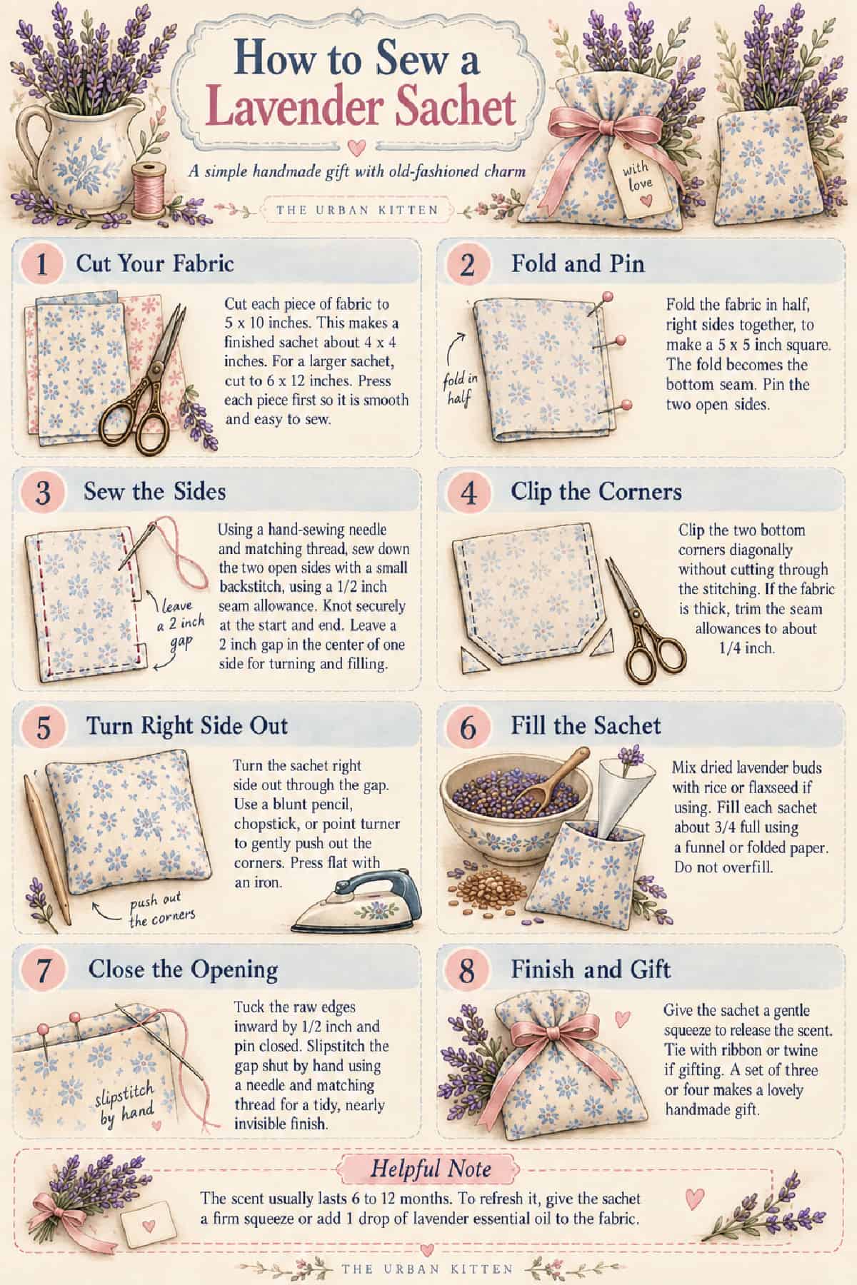 Step-by-step illustrated guide for sewing a handmade lavender sachet, showing fabric, scissors, pins, thread, and instructions, surrounded by lavender sprigs and completed sachets with floral patterns.