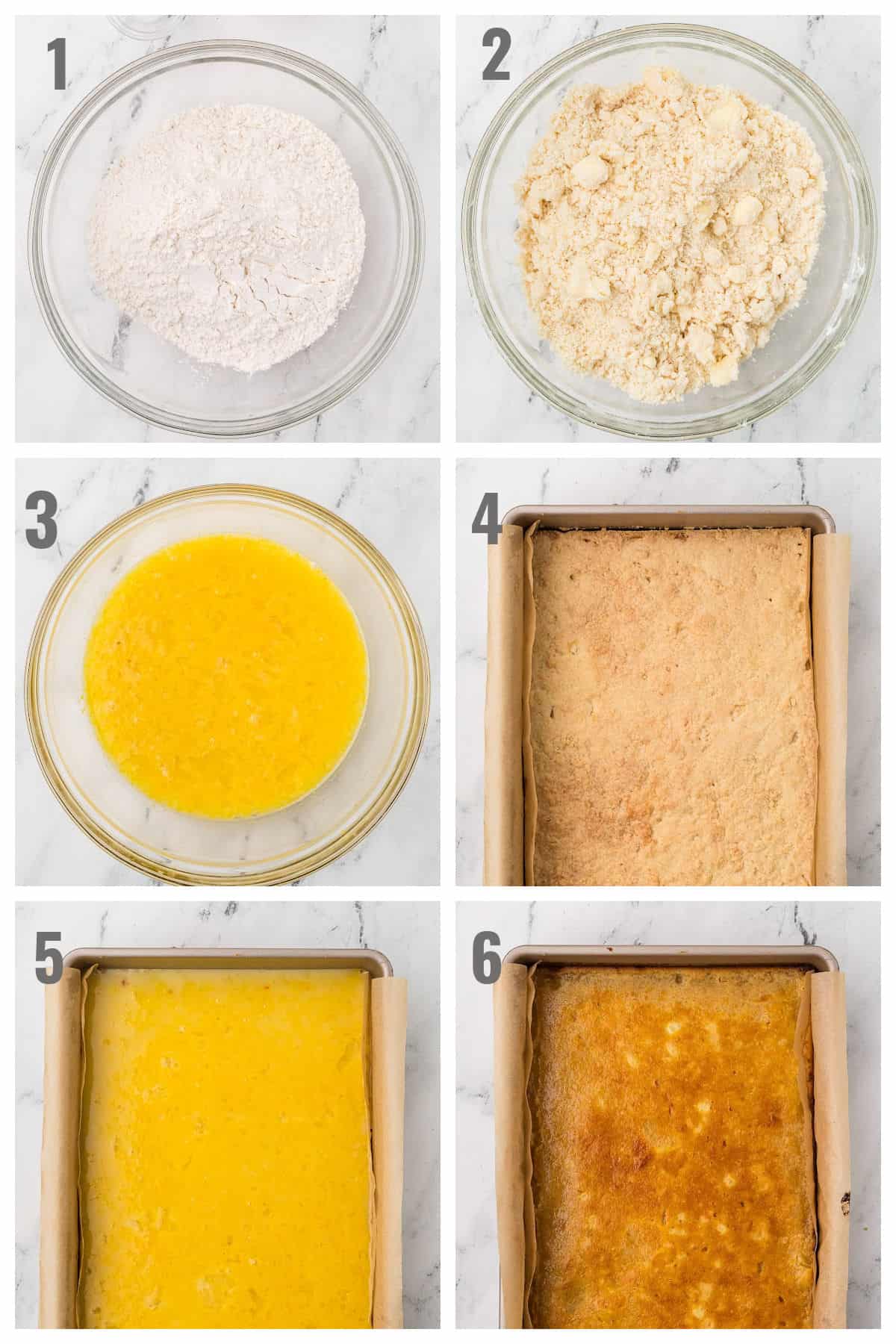 Six-step collage showing lemon bar preparation: mixing flour, blending in butter, adding egg mixture, pressing dough in a pan, pouring lemon mix over crust, and finished baked lemon bars in a parchment-lined pan.