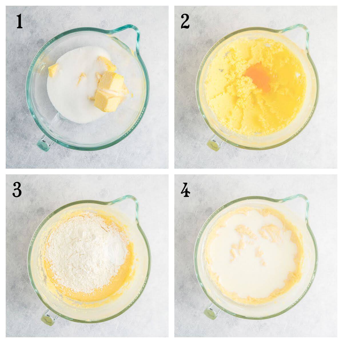 Four-step collage: 1) Butter and sugar in a bowl, 2) Creamed butter and sugar, 3) Flour added to mixture, 4) Liquid (likely milk) added to batter in the bowl.