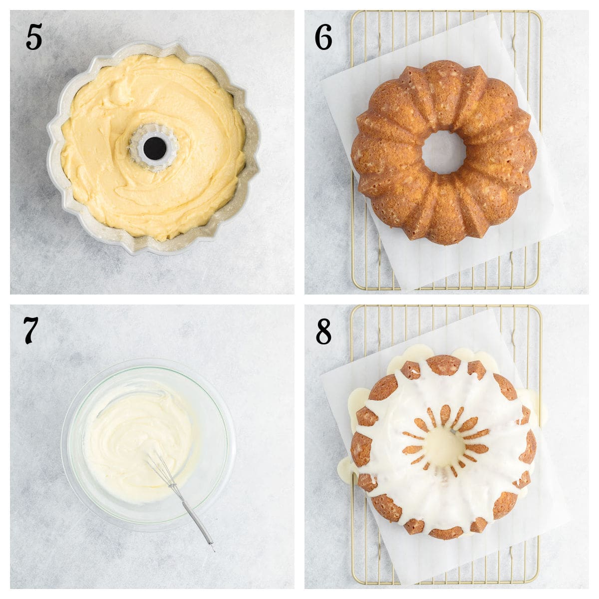 Four steps of making a Bundt cake: batter in a pan, baked cake cooling, a bowl of icing with a whisk, and the finished cake drizzled with icing.