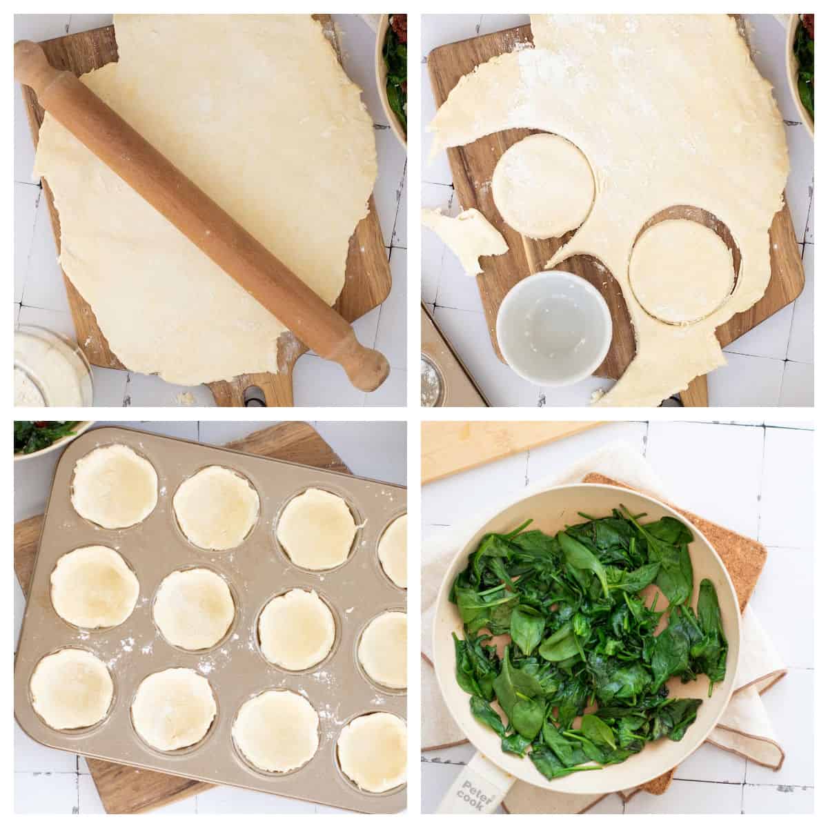 Four images show: rolling dough with a pin, cutting dough circles, dough pressed into muffin tin cups, and a bowl of sautéed spinach on a kitchen towel.