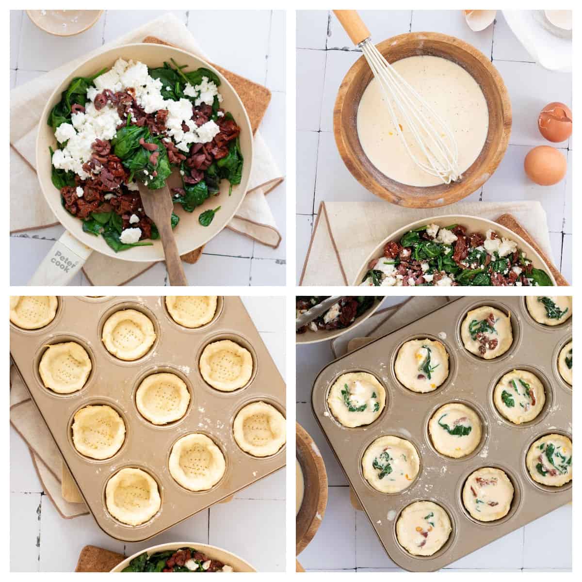 Four images show mini quiches being prepared: a bowl of filling, a bowl of batter, a muffin tin with crusts, and the filled muffin tin ready to bake. Ingredients include spinach, feta, and olives.