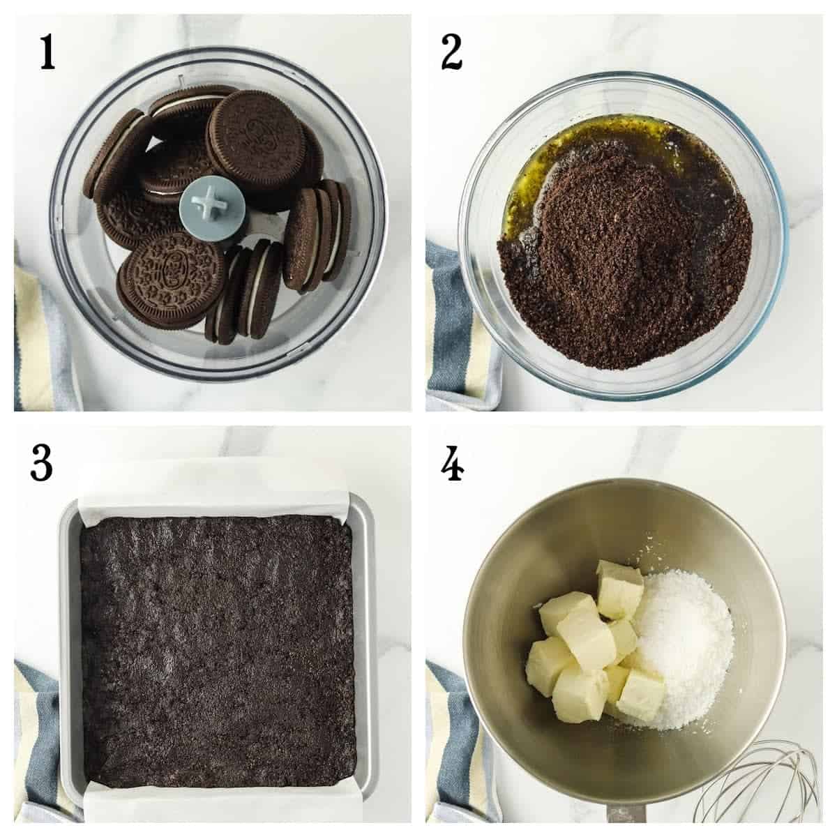Four steps for making a dessert: 1. Chocolate sandwich cookies in a food processor. 2. Crushed cookies mixed with melted butter. 3. Crust pressed into a baking pan. 4. Butter and sugar in a mixing bowl.