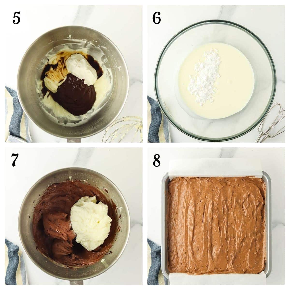Four images show: 5) Ingredients in a bowl; 6) Powder in a bowl of cream; 7) Mixed chocolate frosting; 8) Frosting spread on a rectangular cake in a lined baking pan.