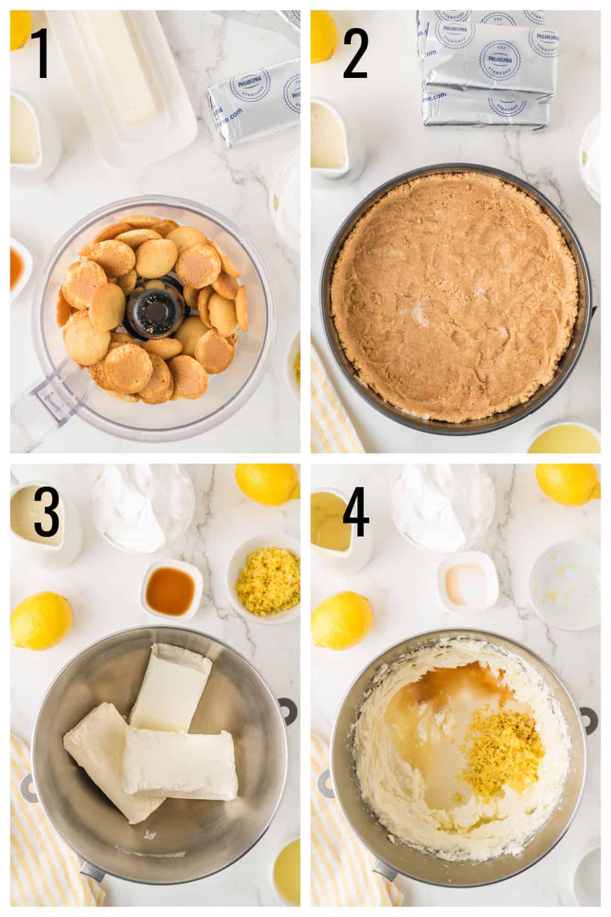 Four-step collage: 1) Vanilla wafers in a food processor, 2) Crushed wafer crust in a pan, 3) Cream cheese and ingredients in a mixing bowl, 4) Creamy mixture with lemon zest added in a bowl.