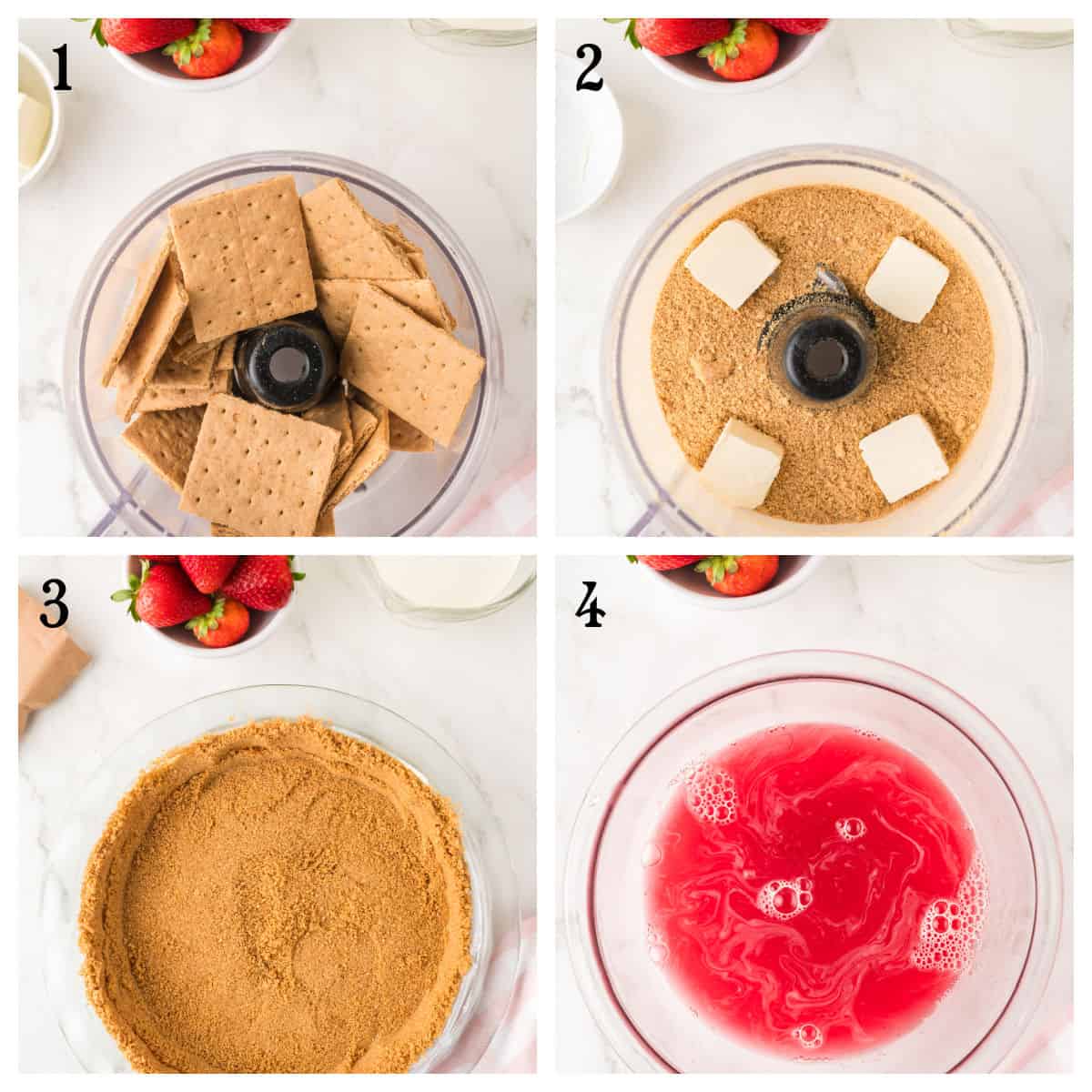 Collage of four steps for making a dessert: 1. Graham crackers in a food processor; 2. Crushed with butter added; 3. Pressed into a pie dish; 4. Bowl with red gelatin mixture, strawberries nearby.