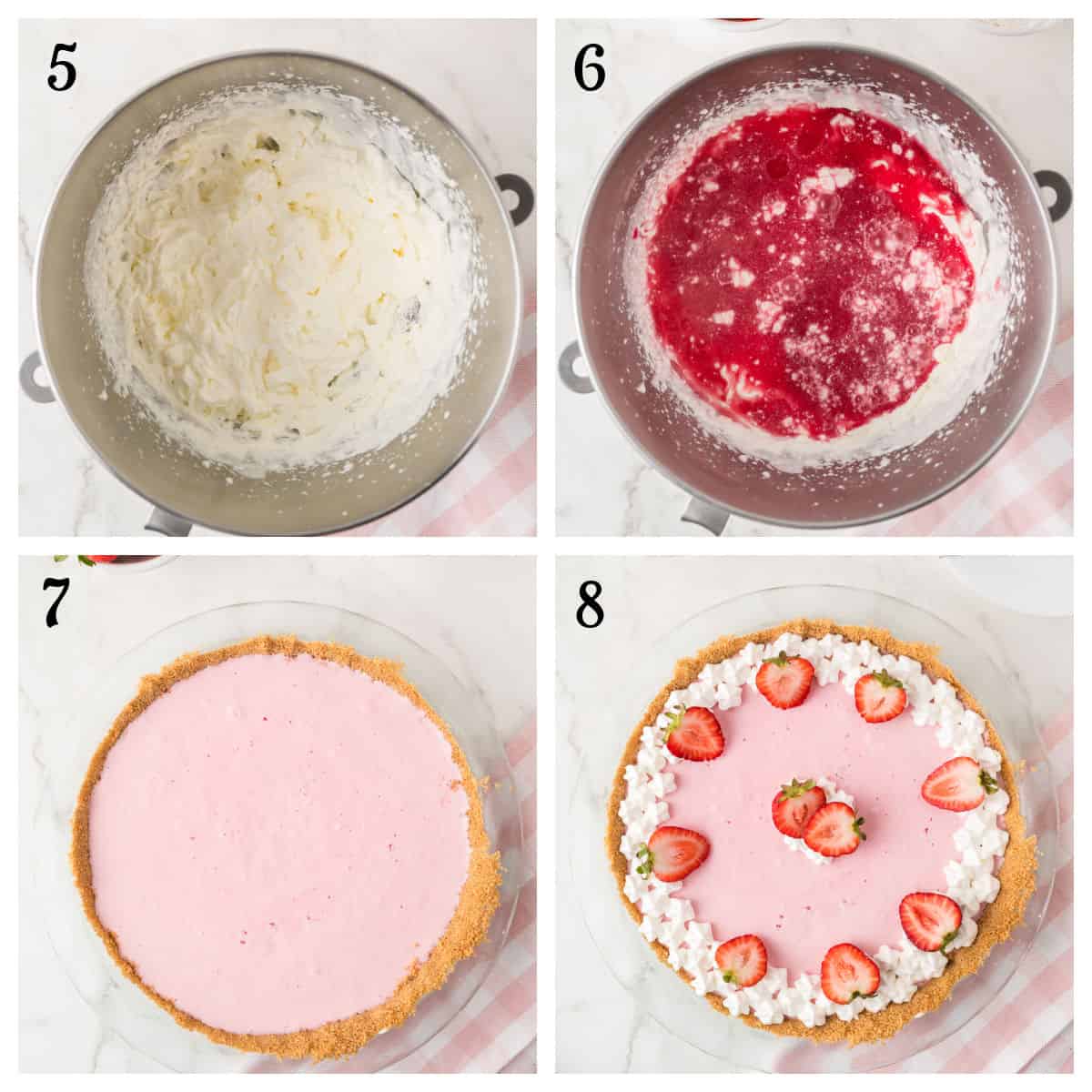 Four-step photo collage: Mixing bowl with cream (5), strawberry sauce added (6), pink filling in a graham crust (7), and completed strawberry pie topped with whipped cream and strawberries (8).