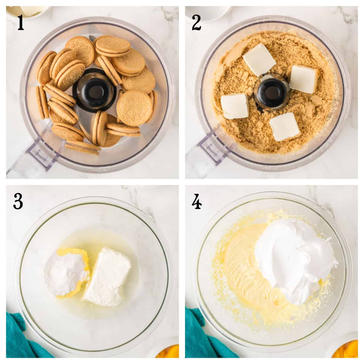 Step-by-step collage: cookies in a food processor, crushed cookies with butter, a bowl with cream cheese and sugar, and a bowl with whipped cream cheese mixture.