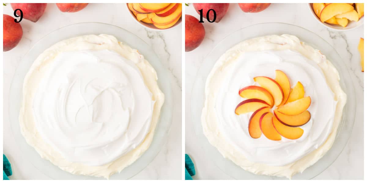 Step-by-step pavlova assembly: Image 9 shows a pavlova topped with whipped cream; image 10 adds a spiral of peach slices on the cream, with peaches and slices nearby.