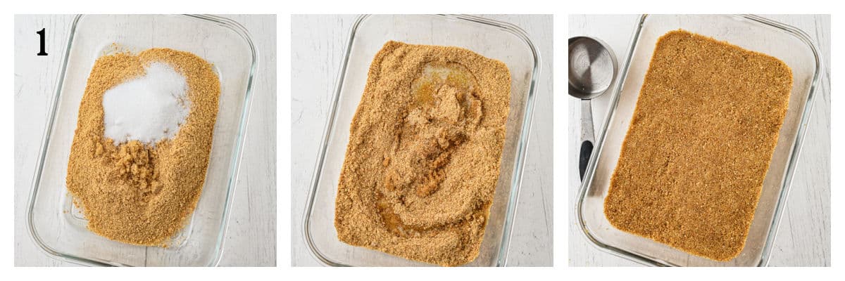Three images show graham cracker crumbs, sugar, and butter in a glass dish: ingredients added, mixed together, and then pressed flat into the dish with a measuring cup nearby—creating the perfect base for a no-bake pumpkin cheesecake.