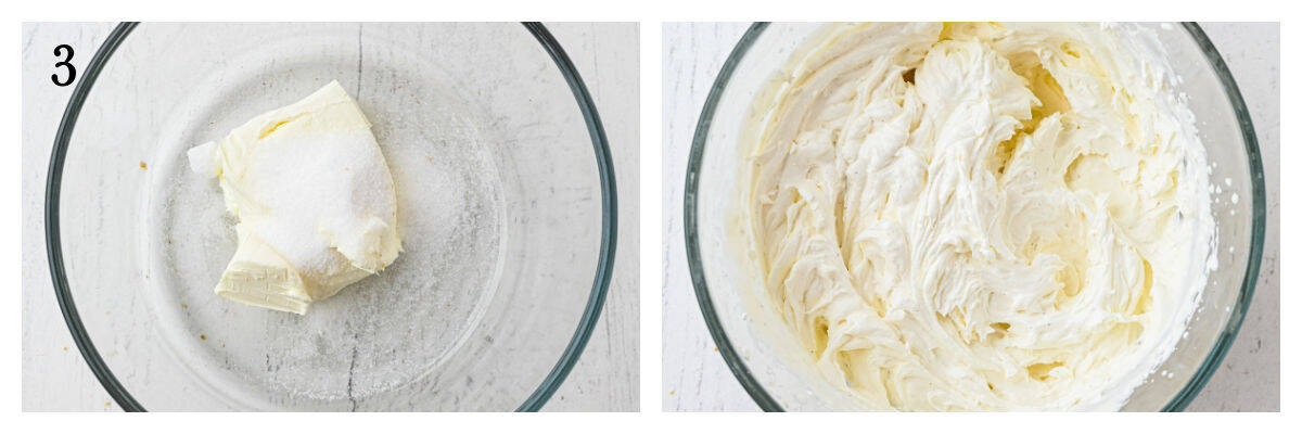 Step 3: On the left, a glass bowl with butter and sugar. On the right, the same bowl with the butter and sugar whipped together until smooth and creamy.