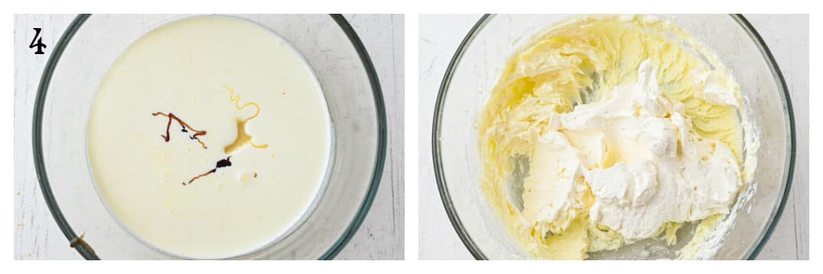 Two glass bowls: left bowl with cream, vanilla, and saffron threads; right bowl with whipped cream mixture and dollops of white cream on top.