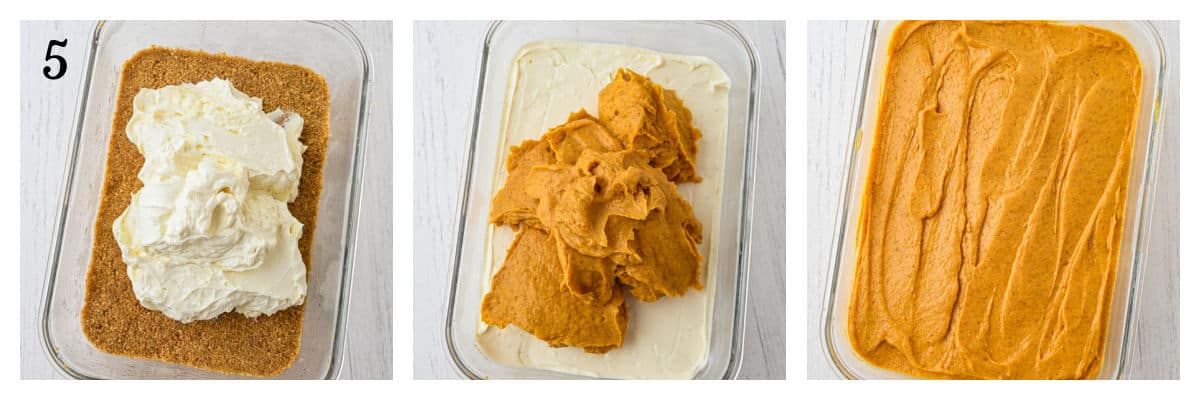 Three-step collage: graham crust with cream cheese, cream cheese spread with pumpkin mixture on top, final layer smoothed in a glass dish.
