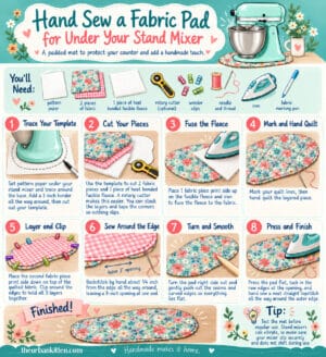 An illustrated infographic titled Hand Sew a Fabric Pad for Under Your Stand Mixer, detailing eight steps to create a padded mat including materials, sewing instructions, and a finishing tip.