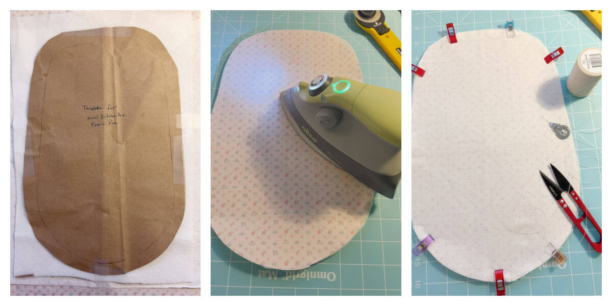 Three-part image showing the process of making a fabric stand mixer pad: a paper template pinned to fabric, an iron pressing the fabric, and the fabric edge secured with clips.