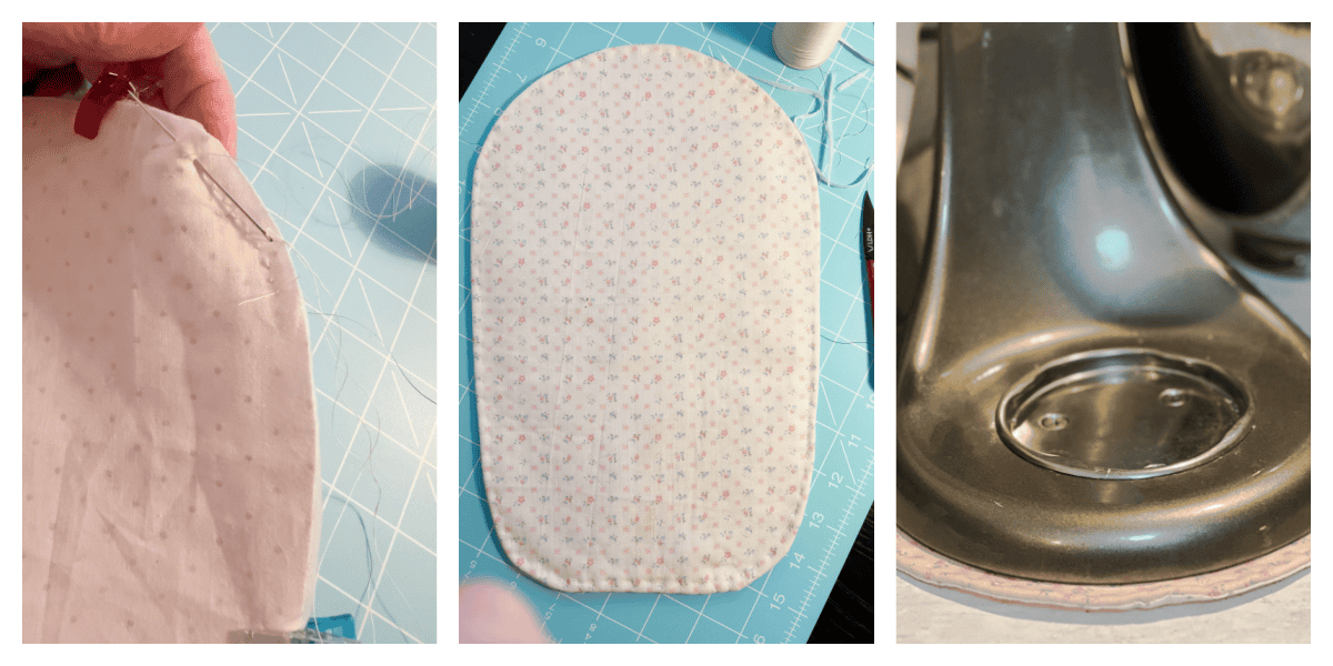 Three photos showing the creation of a fabric stand mixer mat: pinning and sewing the fabric edges, the finished quilted oval piece, and the cover placed under the base of a stand mixer.