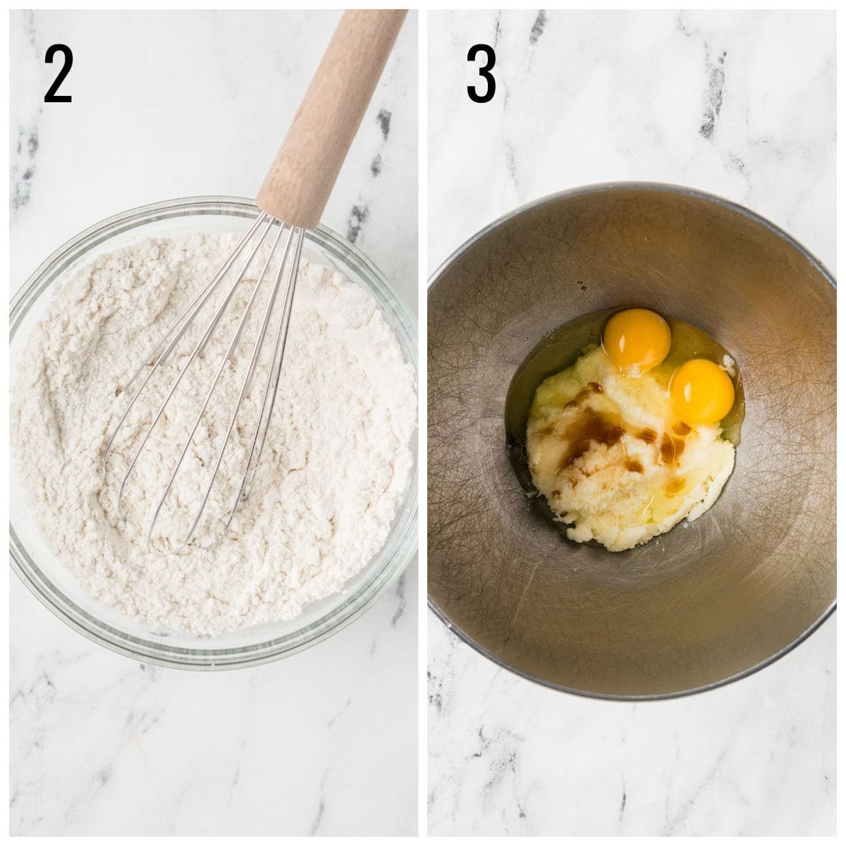 Split image: Left side shows a glass bowl with flour and a whisk. Right side shows a metal bowl with two eggs, brown sugar, and butter. Both bowls are on a white marble surface and are labeled with numbers 2 and 3.