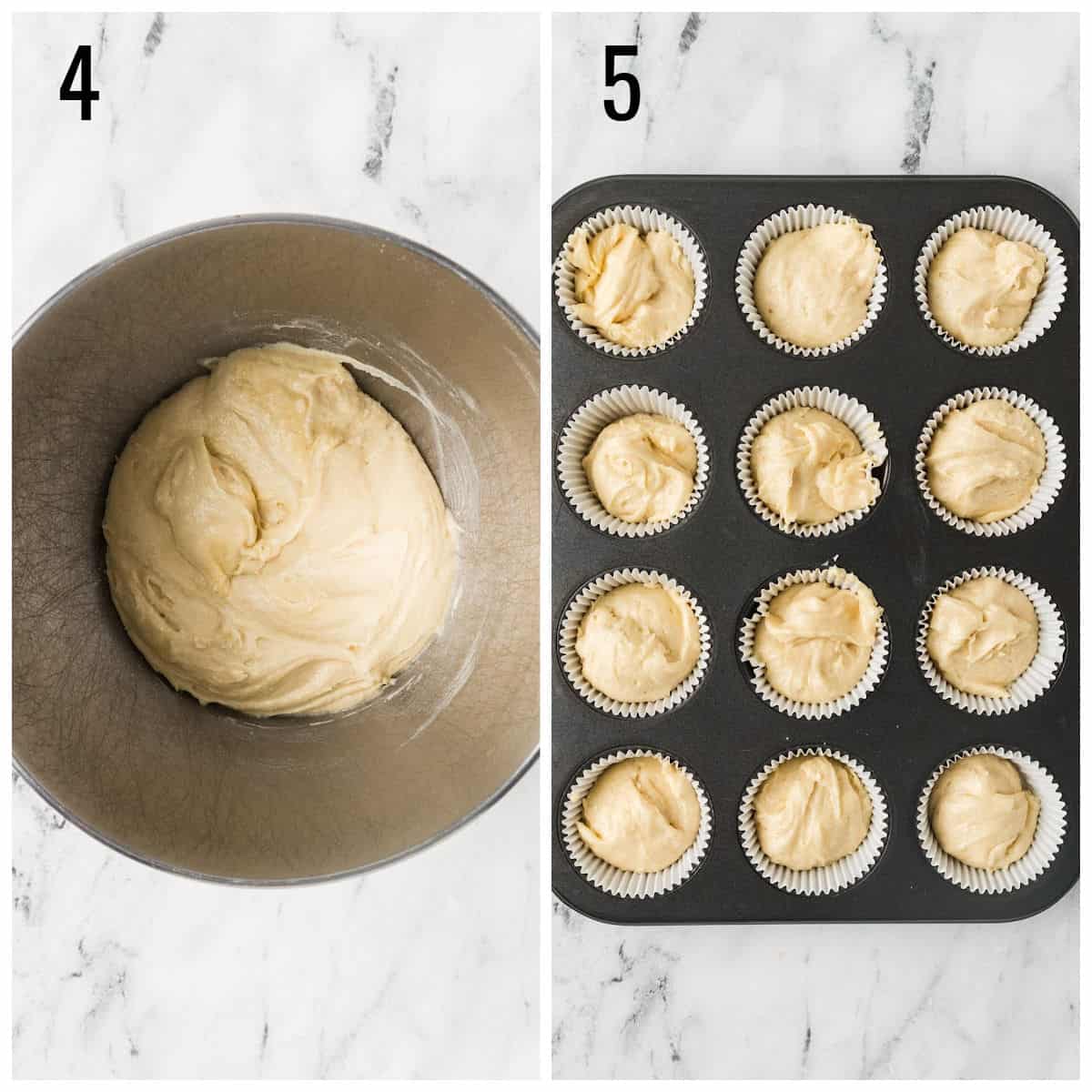 Split image: Left side shows thick muffin batter in a metal mixing bowl; right side shows a muffin tin filled with twelve paper liners, each with a scoop of batter, on a marble surface. Numbers “4” and “5” label the steps.