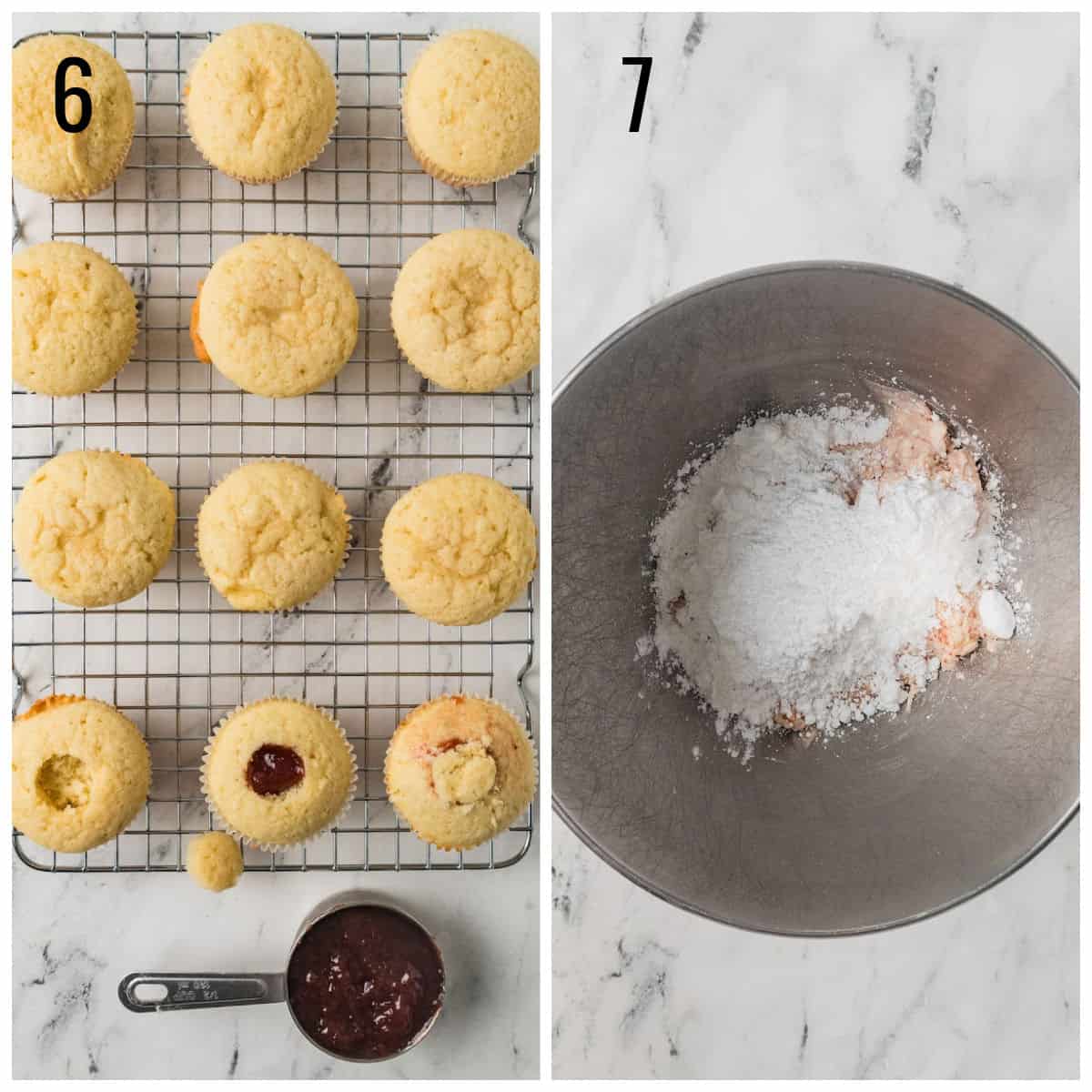 Step 6: Nine baked cupcakes cool on a wire rack; two are filled with jam. A measuring cup of jam sits beside the rack. Step 7: A metal mixing bowl contains powdered sugar on a marble countertop.