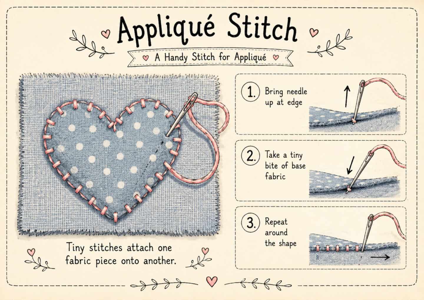 Instructional illustration showing how to make an appliqué stitch: a needle and pink thread sewing a polka-dot heart onto fabric, with step-by-step diagrams on the right.