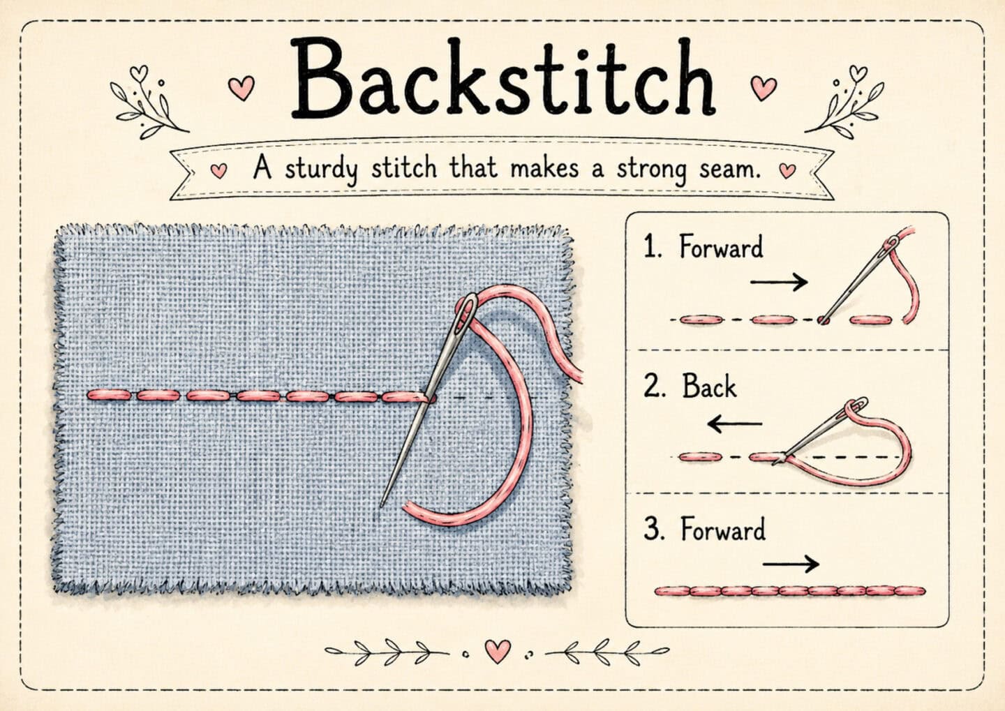 Illustration showing how to hand sew a backstitch, with a needle and pink thread creating stitches on blue fabric. Step-by-step diagrams explain the process: forward, back, then forward again.