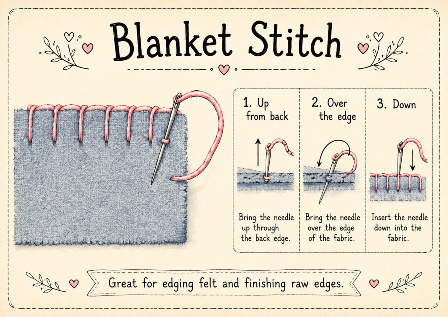 Illustrated guide showing how to hand sew a blanket stitch on fabric, with step-by-step instructions: up from back, over the edge, and down. Pink thread is used on gray felt. Decorative hearts and text accents are included.