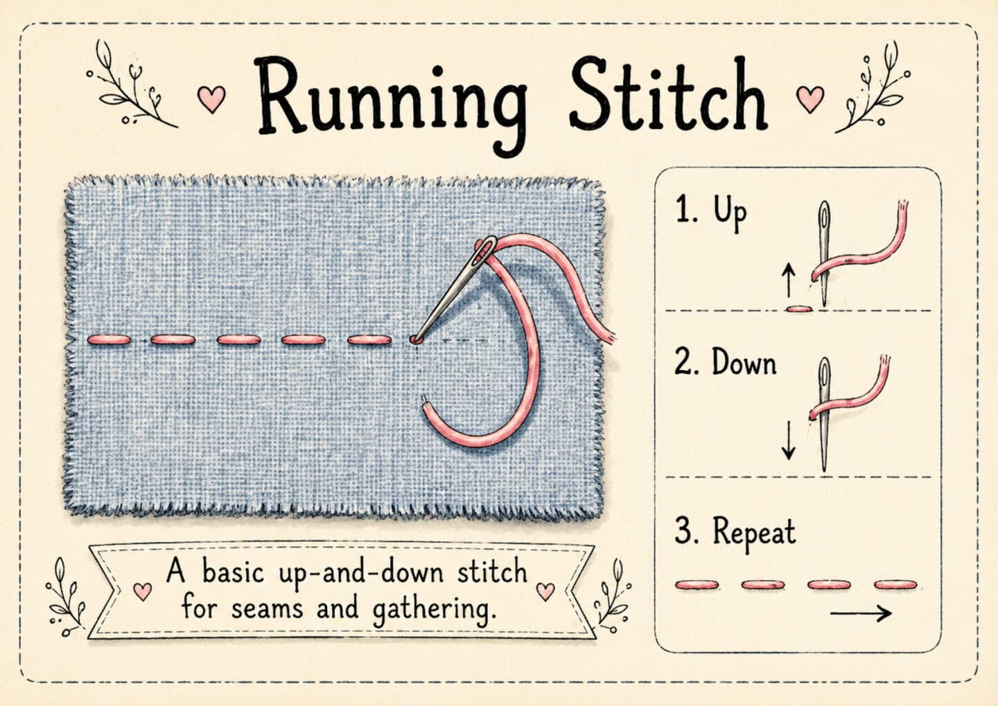 Diagram showing a step-by-step guide for a running stitch: needle and pink thread move up and down through blue fabric, creating a dashed line. Text explains it as a basic hand sewing stitch for seams and gathering.