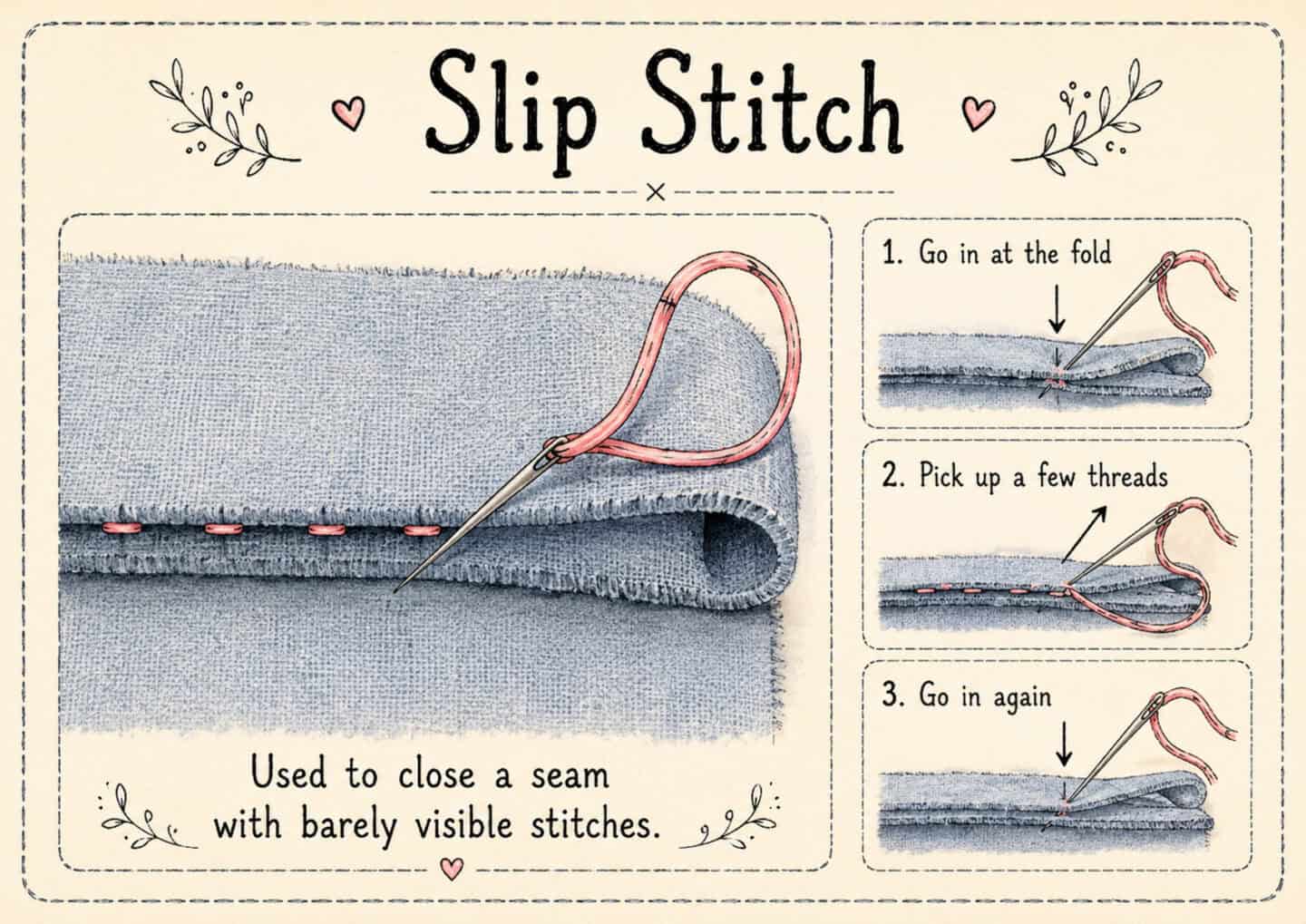 Illustration showing how to hand sew a slip stitch by inserting a needle at the fabric fold, picking up threads, and going in again; used to close seams with nearly invisible stitches.